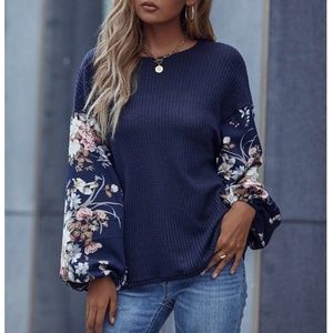 Navy Blue Floral Sleeves Casual Shirt Lantern Long Sleeves